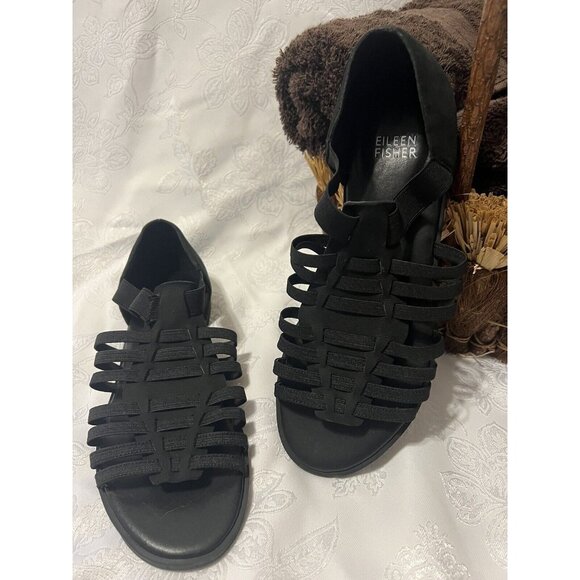 Eileen Fisher Rato Strappy Sandal Womens 7 Caged Lattice Gladiator Black NEW - Picture 1 of 7